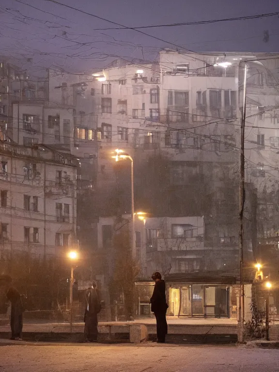 Image similar to film still of russian suburbs, lights are on in the windows, deep night, post - soviet courtyard, cozy atmosphere, light fog, street lamps with orange light, several birches nearby, several elderly people stand at the entrance to the building