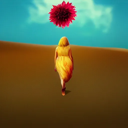 Image similar to closeup giant dahlia flower face, girl walking between dunes, surreal photography, sunrise, blue sky, dramatic light, impressionist painting, digital painting, artstation, simon stalenhag