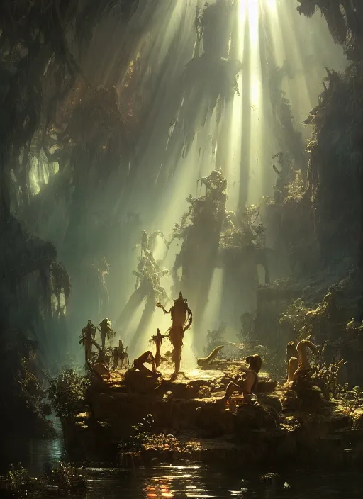 Image similar to A demon looks a an aquarim with people in it, sunrays, dust in the air, DnD character, unreal engine, octane render, dramatic lighting, pond, digital art, by Stanley Artgerm Lau, greg rutkowski, thomas kindkade, alphonse mucha, loish, norman Rockwell,