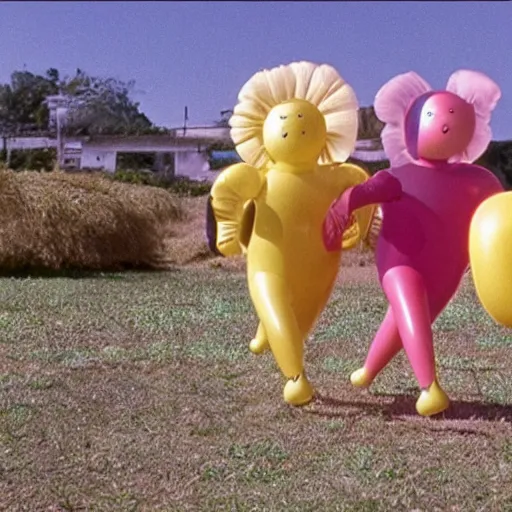 Prompt: Still from an Agnes Varda film about two housewives dressed as inflatable toys running away from their problems, Technicolor 1980