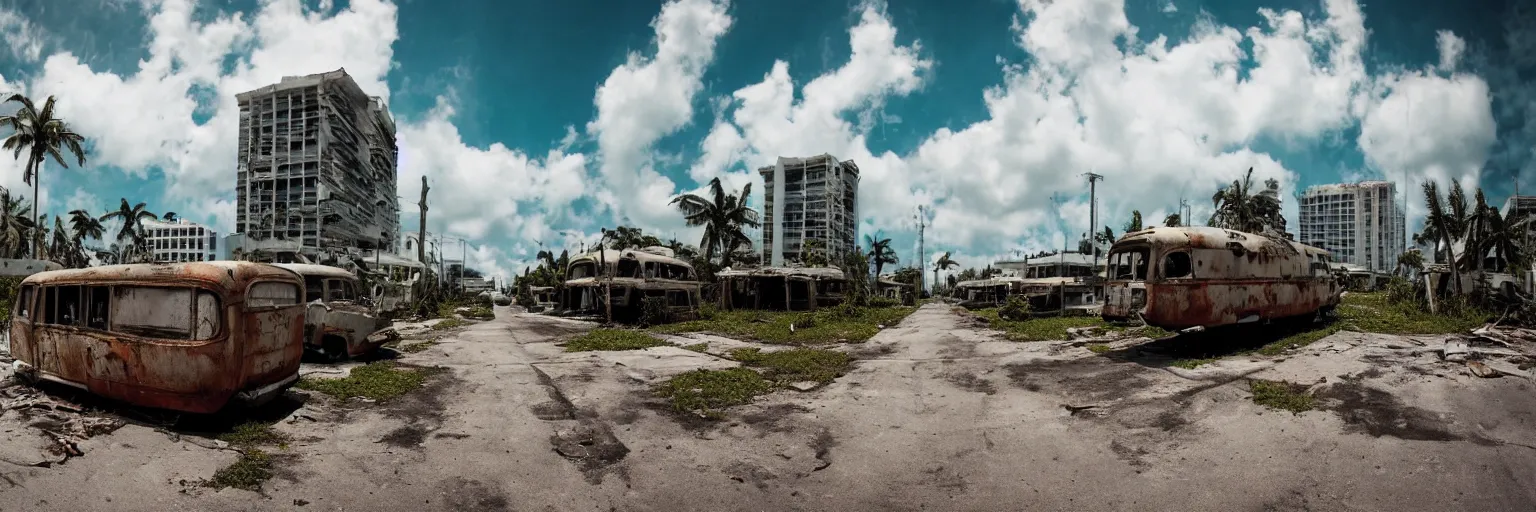 Image similar to wide angle shot of dilapidated fallout 5 miami, tropical coastal city in real life, desolate, dilapidated, empty streets, some rusted retro futuristic vintage styled parked vehicles like cars, buses, trucks, trams, sunny weather, few clouds, volumetric lighting, photorealistic, daytime, spring, sharp focus, ultra detailed