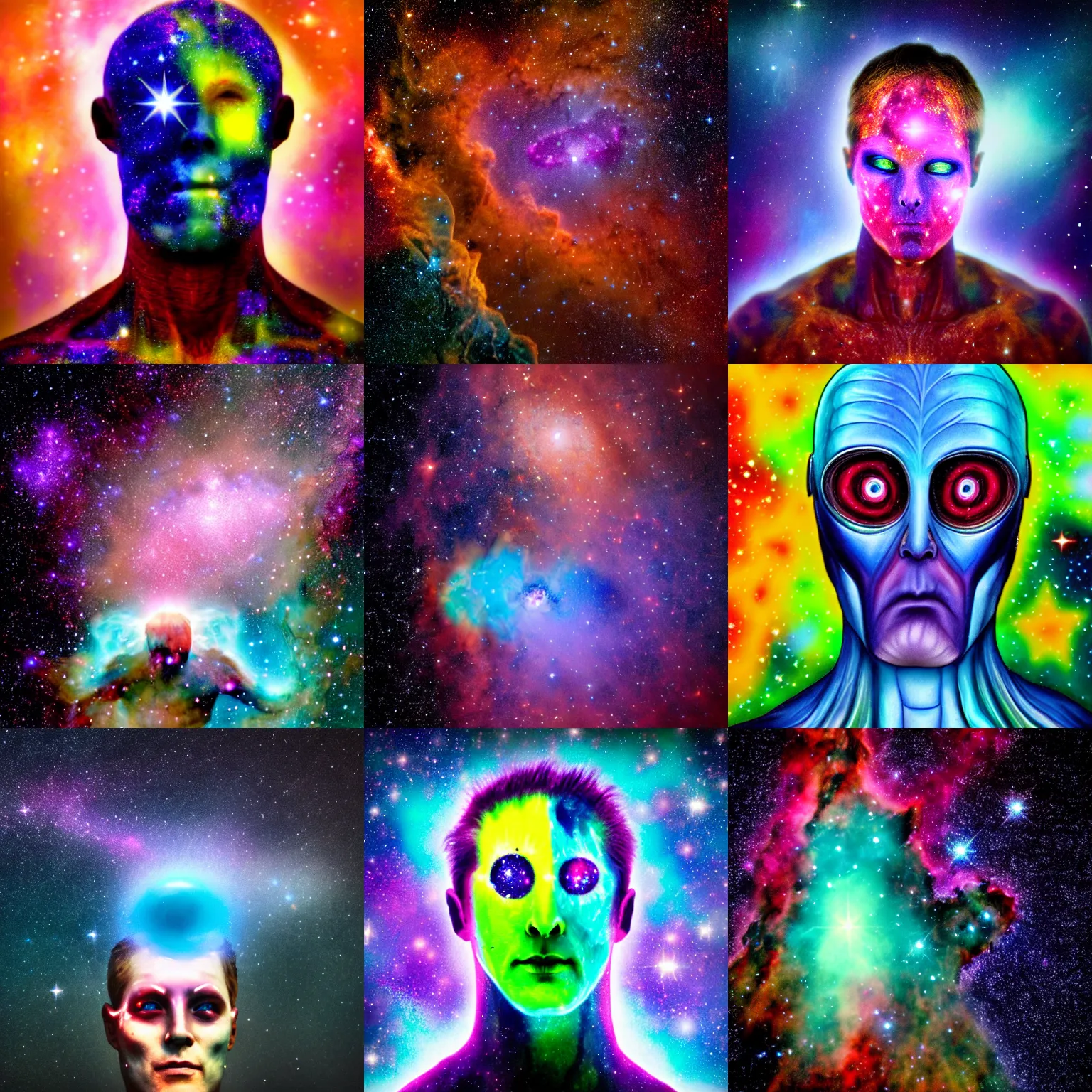 Prompt: nebula man, stars as eyes, astrophotography, colorful