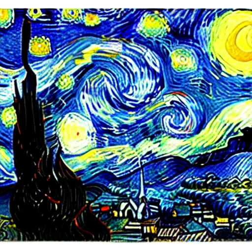 Image similar to the starry night where white is black and blue, very detailed, landscape-H 768