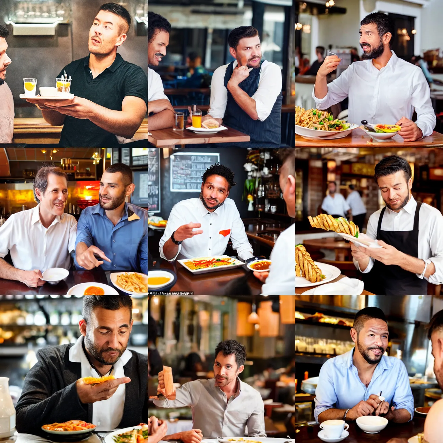 Prompt: A man listening to his waiter clarify that what he has ordered does in fact come with an eggroll