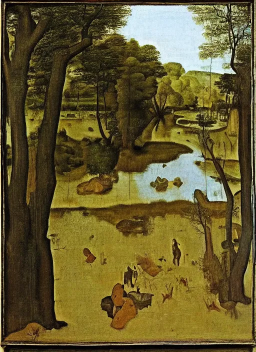 Prompt: unknown being in the river, the water broke ahead obeying the movement of a strong being. medieval painting by Jan van Eyck, Johannes Vermeer, forest,