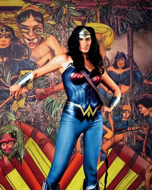 Prompt: Wonder Woman as a chimpanzee, wearing Tight Fighting Blue Jeans, stands in front of a giant Congo jungle wall mural painted on the wall behind her, photographed in the style of Annie Leibovitz, photorealistic