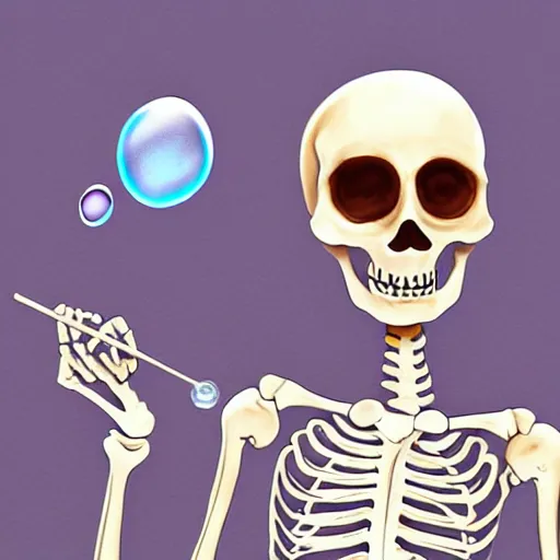 Image similar to happy skeleton blowing soap bubbles with bone utensils, dark horror, digital art, high detail