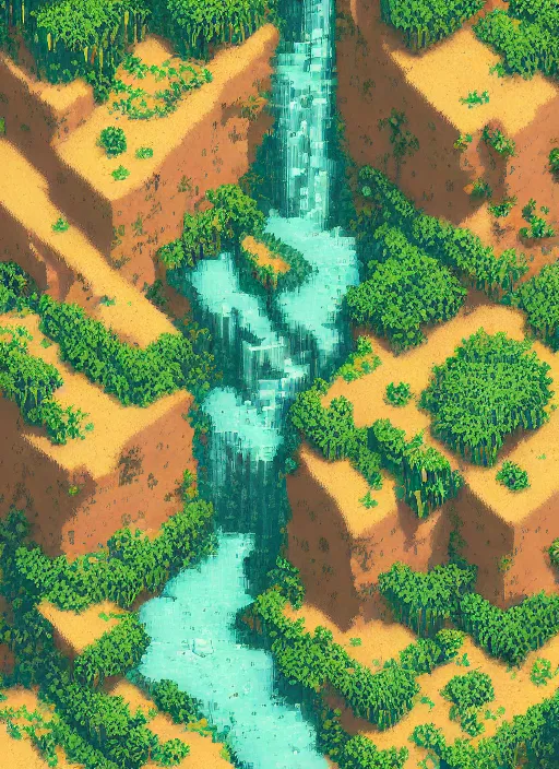 Prompt: view of a desert and green waterfalls, beautiful detailed pixelart by albertov in the style of quest for glory iii, intricate details, beautiful, dithered, gradients, volumetric lighting, cgsociety, artstation, 2. 5 d