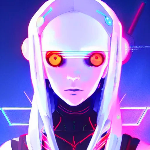 Image similar to digital cyberpunk anime fullbody!! character concept art gorgeous anime girl symmetrical face, small female android cyborg - angel glowing red left eye and glowing blue right eye, wlop, rossdraws, sakimimichan, ilya kuvshinov, krenz cushart, greg rutkowski.