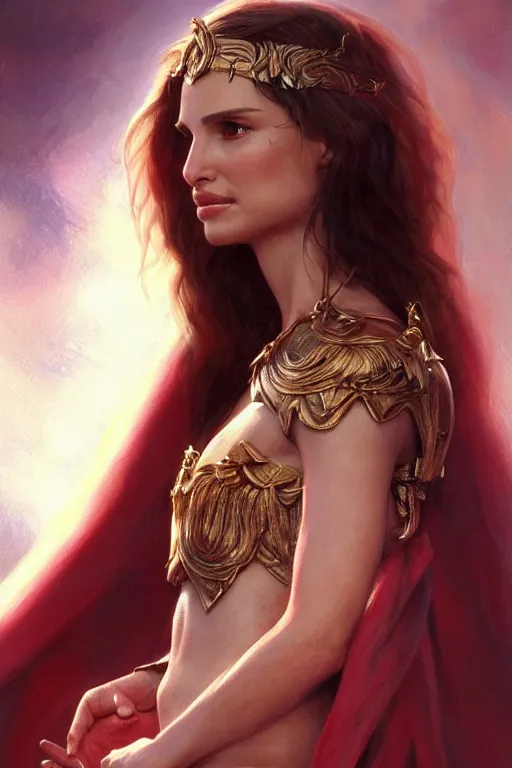 Prompt: Natalie Portman as goddess of love, anatomy, only two hands, highly detailed, digital painting, artstation, concept art, smooth, sharp focus, illustration, Unreal Engine 5, 8K, art by art by artgerm and greg rutkowski and edgar maxence