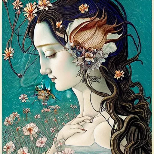 Image similar to prompt: beautiful girl in lake with light up face painted in Botticelli style drawn by Vania Zouravliov and Takato Yamamoto, nymph in the water, small flowers around and on the side, intricate oil painting, high detail, Neo-expressionism, post-modern gouache marks on the side, gnarly details soft light, white background, intricate detail, intricate ink painting detail, sharp high detail, manga and anime 2000