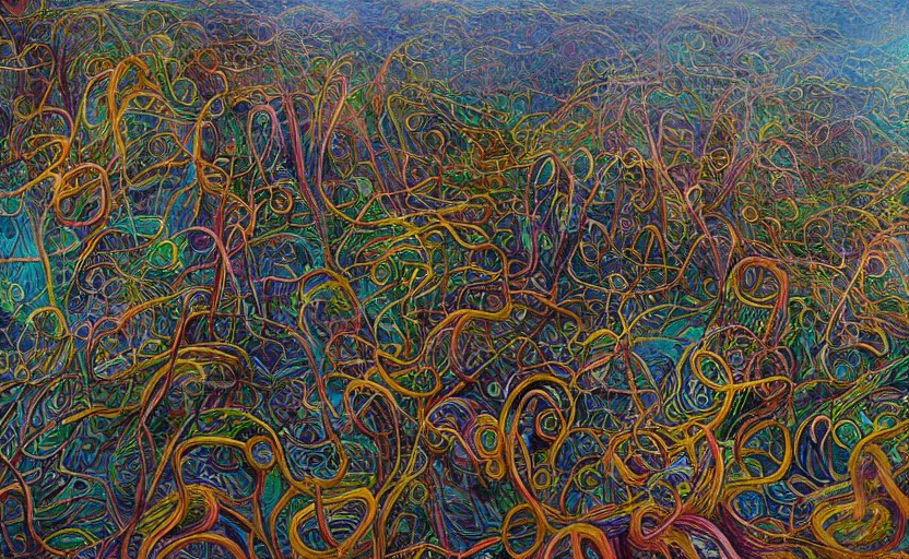 Image similar to beautiful psychedelic landscape covered in tentacles in the style of peter gric