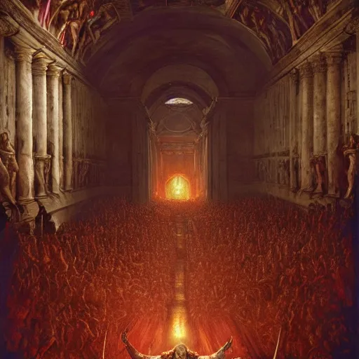 Image similar to the sistine chapel breaks open in half in the ceiling as a red magical portal from hell opens up, lucifer morningstar emerges along with hordes of demons, the priests and the pope look at the scene with terror in their eyes. highly detailed painting by gaston bussiere, greg rutkowski, craig mullins 8 k