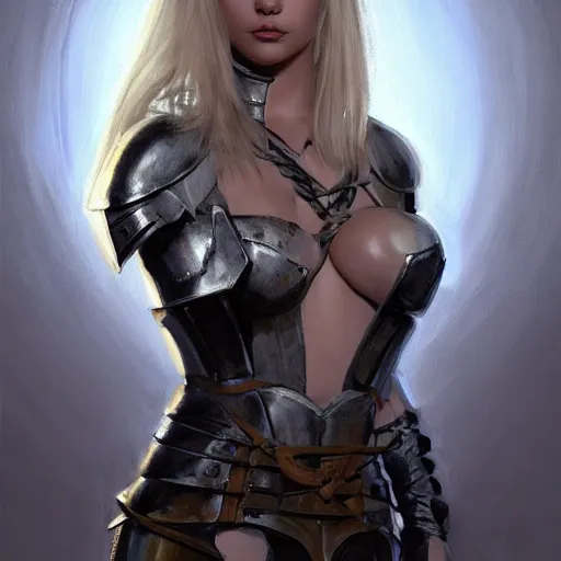 Image similar to a painting of a blonde female wearing knight's armor tied up in a dungeon, full view, popular on artstation, artstationhd, artstationhq 8 k, volumetric lighting, trending on artstation, artstationhd, artstationhq, ultra detailed, detailed face, by artgerm and james gurney, greg rutkowski