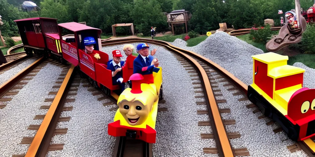 Prompt: Photo of Donald J. Trump crashing a kiddy train into gravel, screaming, taken in Silver Dollar City 2020