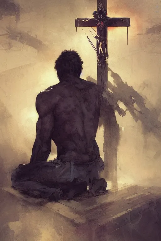 Image similar to man kneeling at the foot of a wooden cross, dramatic lighting art by Yoji Shinkawa by Richard Schmid by greg rutkowski by Sandra Chevrier by Jeremy Lipking cinematic dramatic, by frank miller, illustration by Ruan Jia and Mandy Jurgens and William-Adolphe Bouguereau, Artgerm, 4k, digital art, surreal, space dandy style, highly detailed, godsend, artstation, digital painting, concept art, smooth, sharp focus, illustration by Ruan Jia and Mandy Jurgens and William-Adolphe Bouguereau, Artgerm