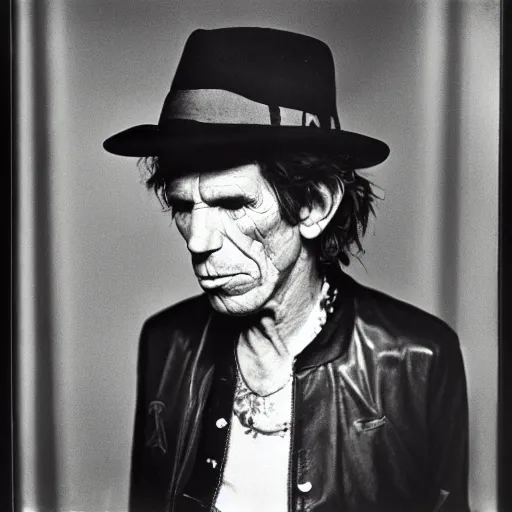 Image similar to photo of Keith Richards by Diane Arbus, black and white, high contrast, Rolleiflex, 55mm f/4 lens