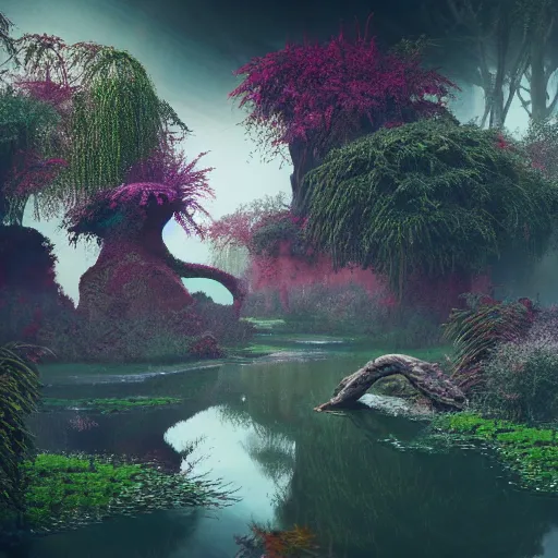 Prompt: soft painting rooster reflection refraction world synthwave ruins ponds alien vegetation, accurate features, focus, very intricate ultrafine details, black autumn, dense fog, award winning masterpiece, octane render 8 k hd, fantasy