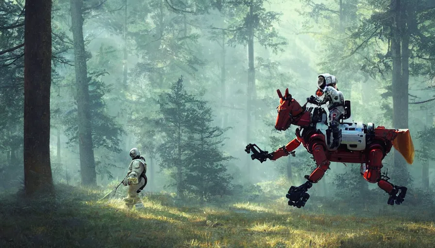 Prompt: american astronaut in the forest riding a mechanical robot horse, objects well lit, plants environment, wide angle, cinematic lighting, atmospheric, realistic, octane render, highly detailed, color graded, in the style of craig mullins