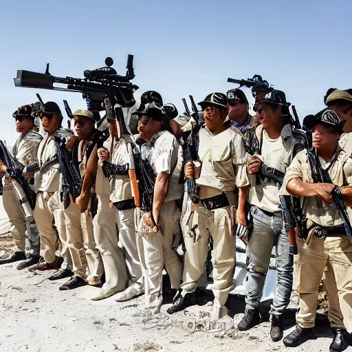 Image similar to heavily armed battalion of thirty drug cartel members, shoulder - to - shoulder, with fully decked - out equipment, long shot photography, harsh overhead sunlight, midday, summer, high - key lighting