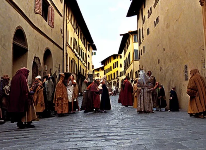 Image similar to street scene from a 2 0 1 0 film set in 1 4 5 0 showing florence italy