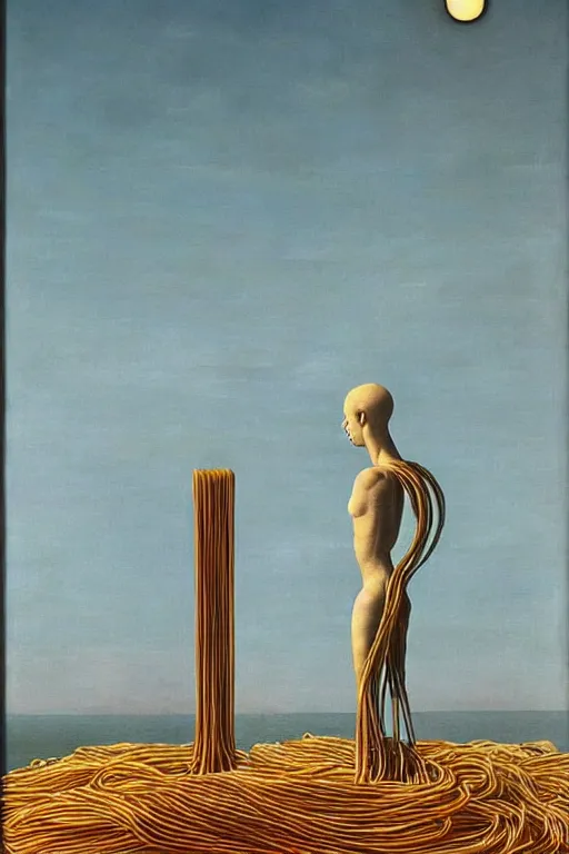 Image similar to A Monumental Public Sculpture of a 'Cyborg made of spaghetti with a Portal in its stomach ' on a pedestal by the Sea, surreal oil painting by Rene Magritte and Max Ernst shocking detail hyperrealistic!! Cinematic lighting