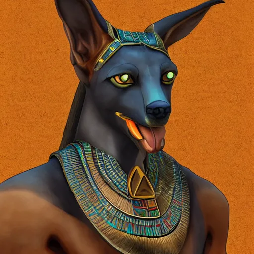 Image similar to Anubis, Egyptian background, very detailed, artstation, illustration, masterpiece, digital art, Furry Art