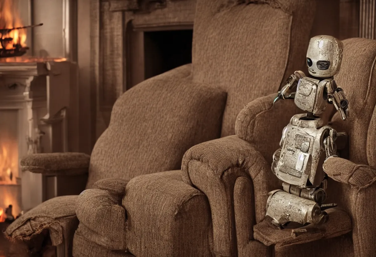Image similar to An intimate extreme closeup photograph of one lonely robot sitting on a frayed recliner in front of a single beautiful fireplace in a Victorian home