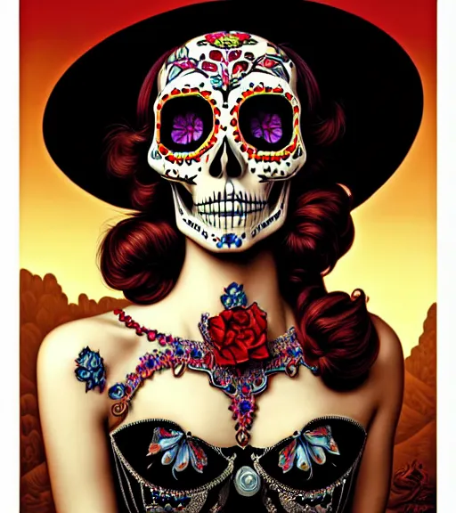 Prompt: a gorgeous fancy skull lady by dan mumford and gil elvgren, sugar skull, hyperrealism, intricate details, exceptional beauty, fool, high contrast