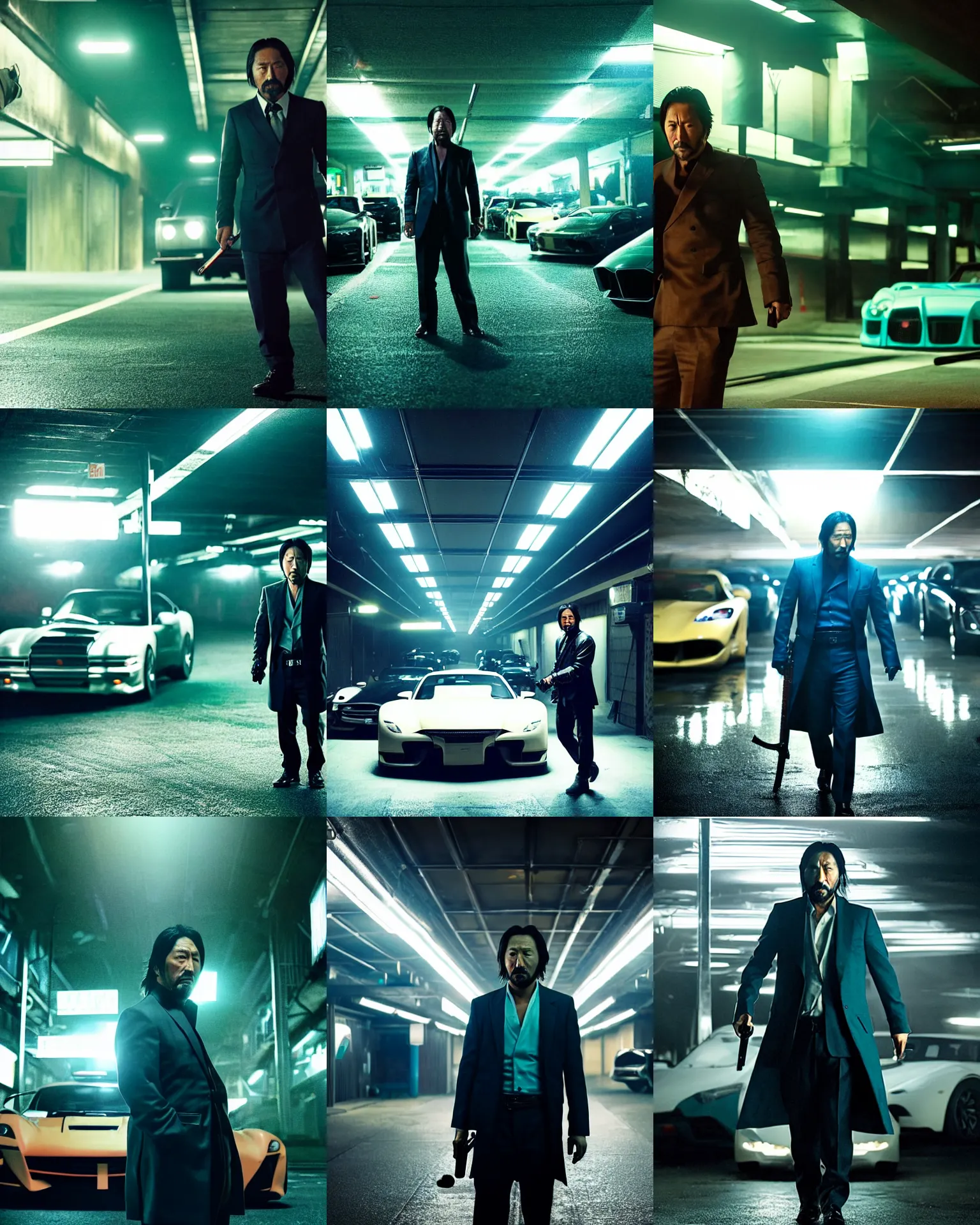 Prompt: denis villeneuve movie still of hiroyuki sanada as yakuza by greg rutkowski in an underground parking lot, holding a sword, many exotic cars, rack focus, close establishing shot, monochromatic teal, dark teal lighting, soft dramatic lighting, 4 k digital camera