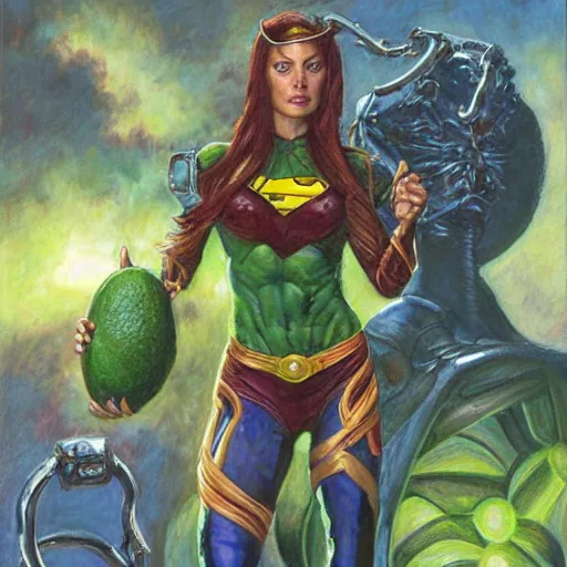 Image similar to avocado superheroine, by donato giancola.