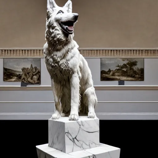 Prompt: statue of a short hair german shepherd dog, white marble, in a museum, by Gian Lorenzo Bernini