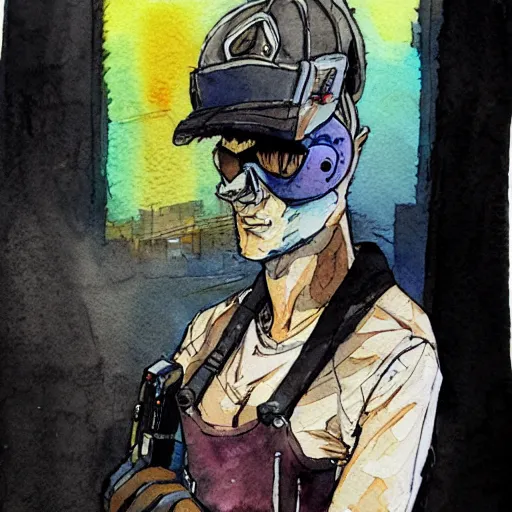 Image similar to watercolor of a cyberpunk mechanic in the style of Ashley Wood and Moebius