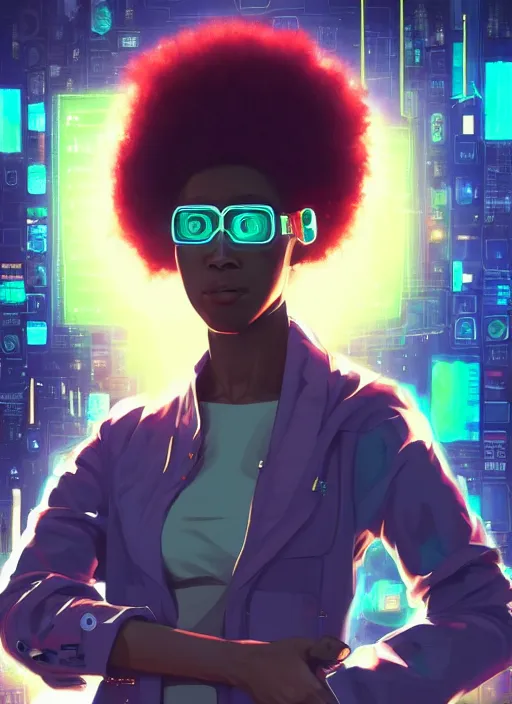 Image similar to afro - cyberpunk scientist, computers and holograms, hacking the metaverse | hyperrealistic oil painting | by makoto shinkai, ilya kuvshinov, lois van baarle, rossdraws, basquiat | afrofuturism, in the style of hearthstone, trending on artstation | dark color scheme