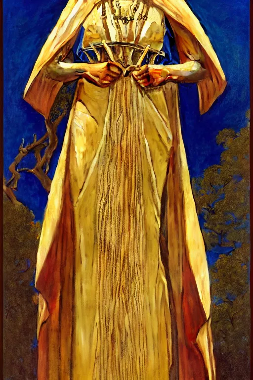 Image similar to Portrait of historically accurate, ancient biblical, sultry, sneering, evil, pagan, wicked, queen jezebel, wearing gilded robes, long hair, intricate, elegant, highly detailed, masterpiece, illustration, art by NC Wyeth, highly detailed, trending on artstation, award winning