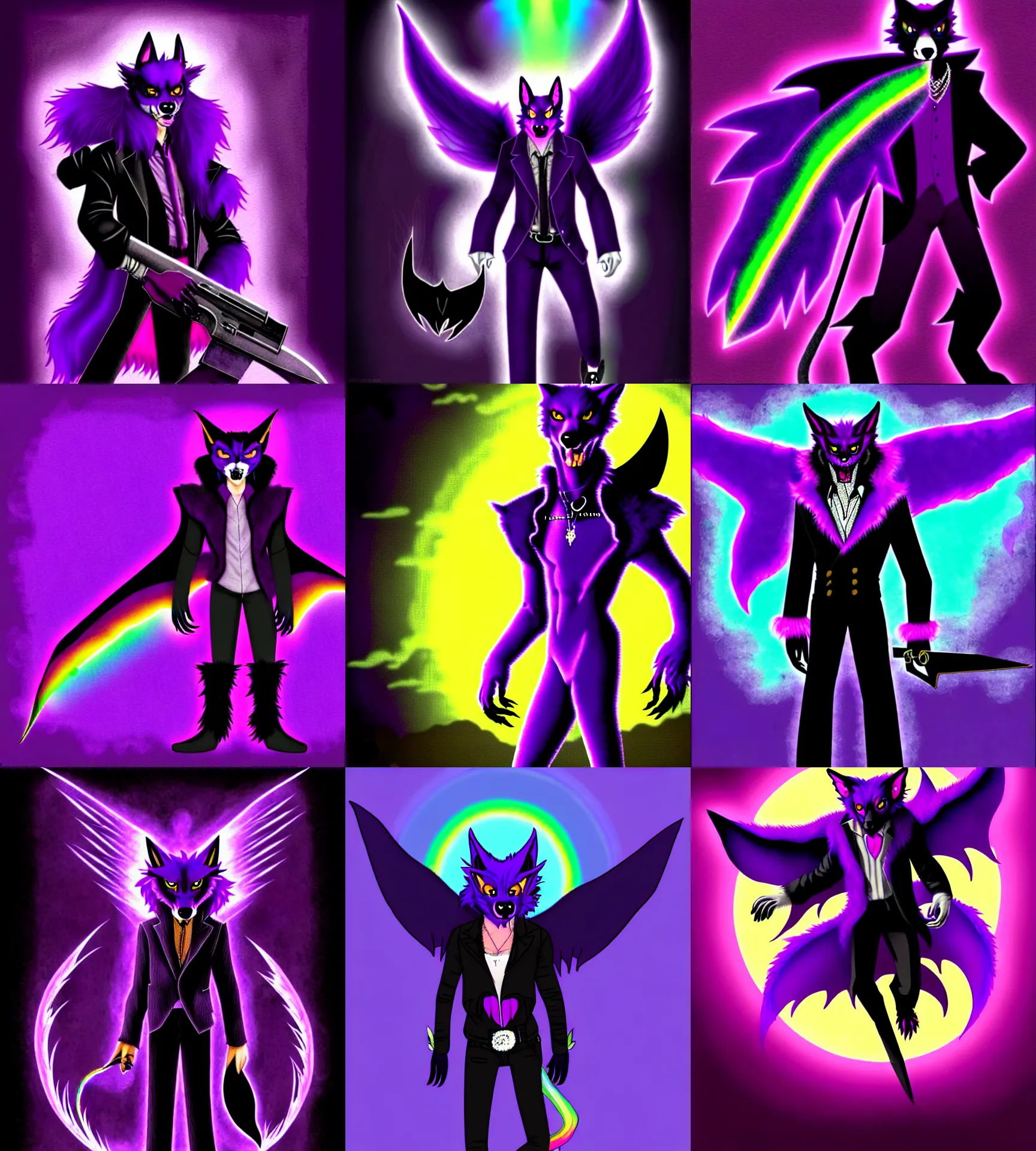 Image similar to a purple wolfbat fursona ( from the furry fandom ) with a long glowing rainbow tail, he wears an eyepatch, he is traversing a shadowy city, an affable devil among demons, neo - noir vibe reminescent of max payne, style of purple rain album cover ( by prince ), dark colors