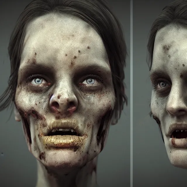 Image similar to hyper realistic portrait zombie cinematic, full head and shoulders, redshift, vray, octane