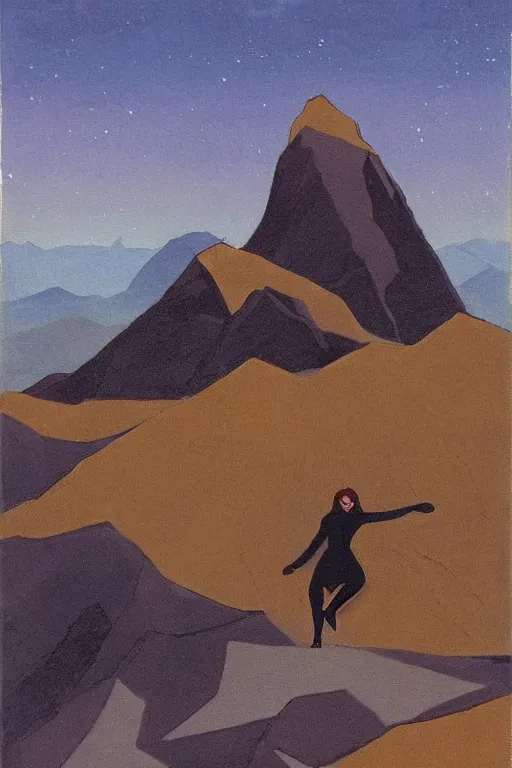 Image similar to black widow ( natasha romanova ) on mountains, marvel, artwork by nicholas roerich,