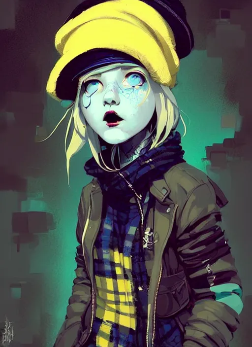 Image similar to highly detailed portrait of a sewer punk lady student, blue eyes, tartan hoody, hat, white hair by atey ghailan, by greg rutkowski, by greg tocchini, by james gilleard, by joe fenton, by kaethe butcher, gradient yellow, black, brown and cyan color scheme, grunge aesthetic!!! ( ( graffiti tag wall background ) )