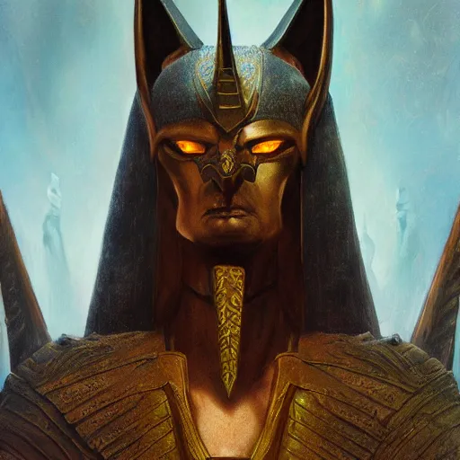 Image similar to Anubis, elden ring boss, matte painting, detailed, elden ring, oil on canvas