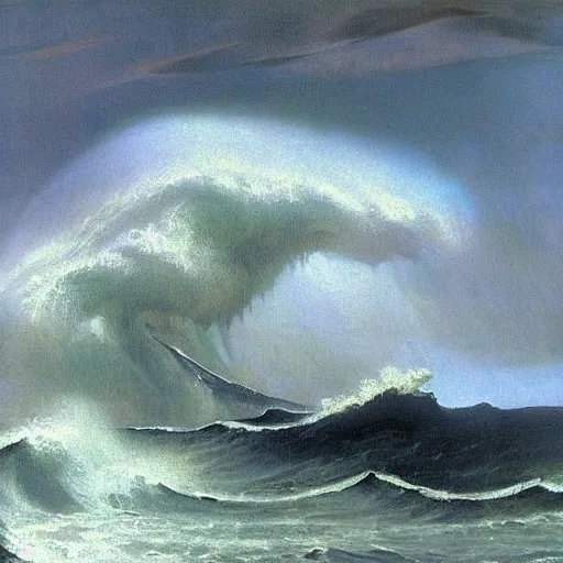 Prompt: A beautiful body art of a raging storm at sea, with huge waves crashing against the rocks. The sky is dark and ominous, and the sea is rough and choppy. Interstellar by Wilfredo Lam, by Jean-Léon Gérôme lively