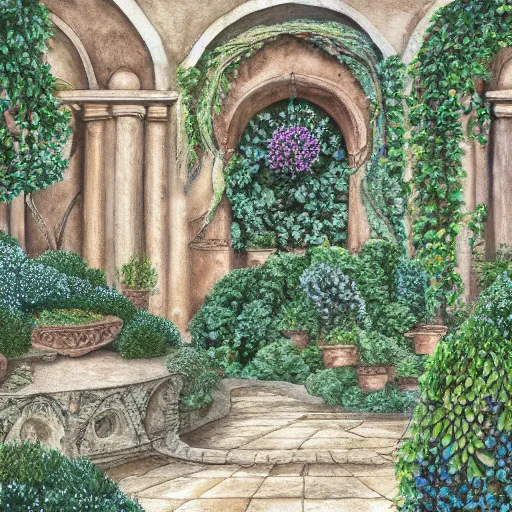 Image similar to delicate coastline garden on paper, spirals, stony, puffy, vines, botanical herbarium, botanic watercolors, iridescent, 8 k wide angle, realistic shaded, fine details, artstation, italian, rainbow, colonnade, oak, pinecone, pomegranade, vines, gardena architecture, pompeian, sicilian