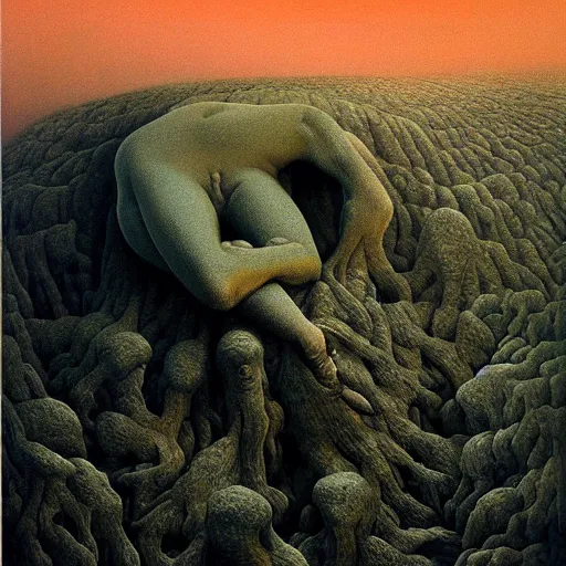 Image similar to New detailed artwork by Zdzisław Beksiński in the year 2022, oil on canvas