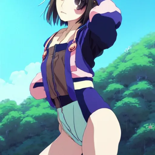 Image similar to a beautiful natalie portman as an anime boy gravure model, wearing oversized mayan bomber jacket and leotard with overalls, bulky poofy bomber jacket with mayan patterns, aztec street fashion, gapmoe yandere grimdark, trending on pixiv fanbox, painted by greg rutkowski makoto shinkai takashi takeuchi studio ghibli, akihiko yoshida