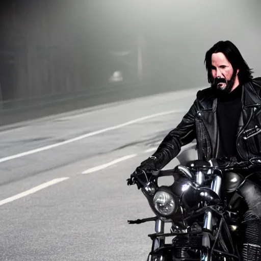 Image similar to Keanu reeves in black biker gear foggy pic 4K detail