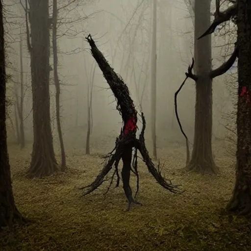 Image similar to elder demons from the abyss in a misty forest, red webs and fungus, red by emil melmoth, by rozalski, cinematic,