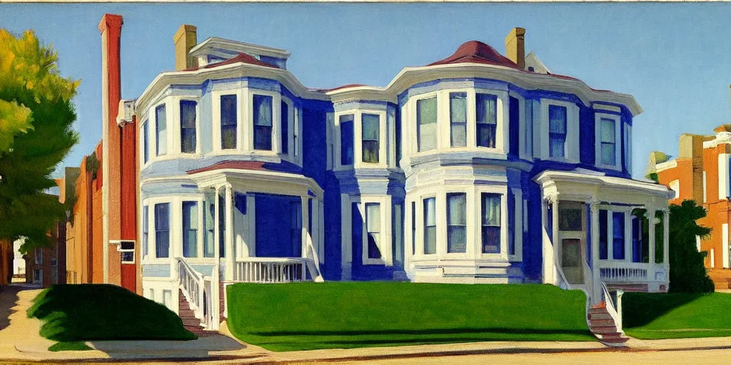 Prompt: google street view of ( 1 0 4 dempster street evanston illinois ), painted by edward hopper