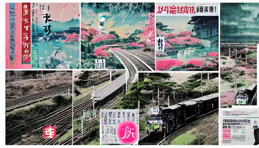 Image similar to Japan rural splendor rail travel and touring c2050, surrealist psychedelic photo-collage painting spot illustration in the style of Newsweek magazine, +81 magazine, minimalist clinical white negative space, clinical muted deep neon color, spot color and metallic inks clean slick design