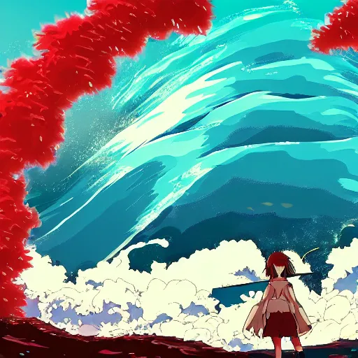 Image similar to tumultuous plunging waves, anime artwork, studio ghibli, stylized in an anime format, 4 k quality, trending on artstation