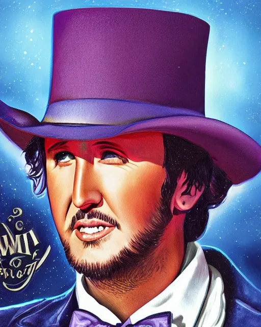 Image similar to Luke Bryan as Willy Wonka, digital illustration portrait design, detailed, gorgeous lighting, dynamic portrait